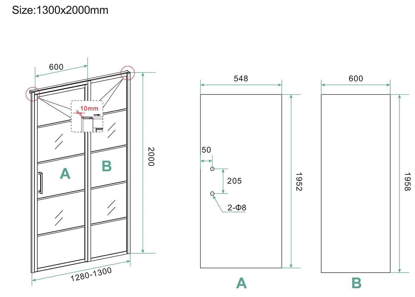Wiesbaden Horizon nisdeur met vast deel en raster 1300 x 2000 x 8mm nano helder - Afbeelding 3