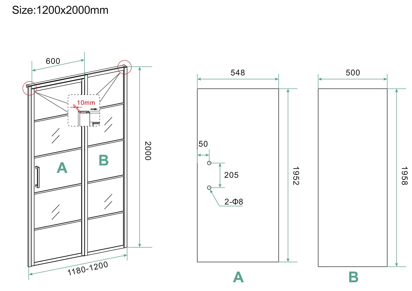 Wiesbaden Horizon nisdeur met vast deel en raster 1200 x 2000 x 8mm nano helder - Afbeelding 3