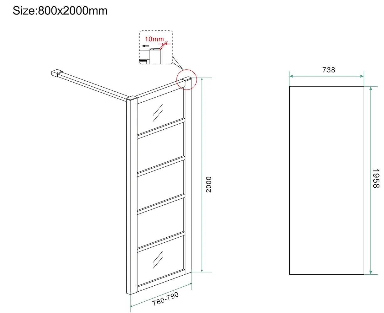 Wiesbaden Horizon inloopdouche met raster 800 x 2000 x 8 mm nano helder glas/mat - Afbeelding 3