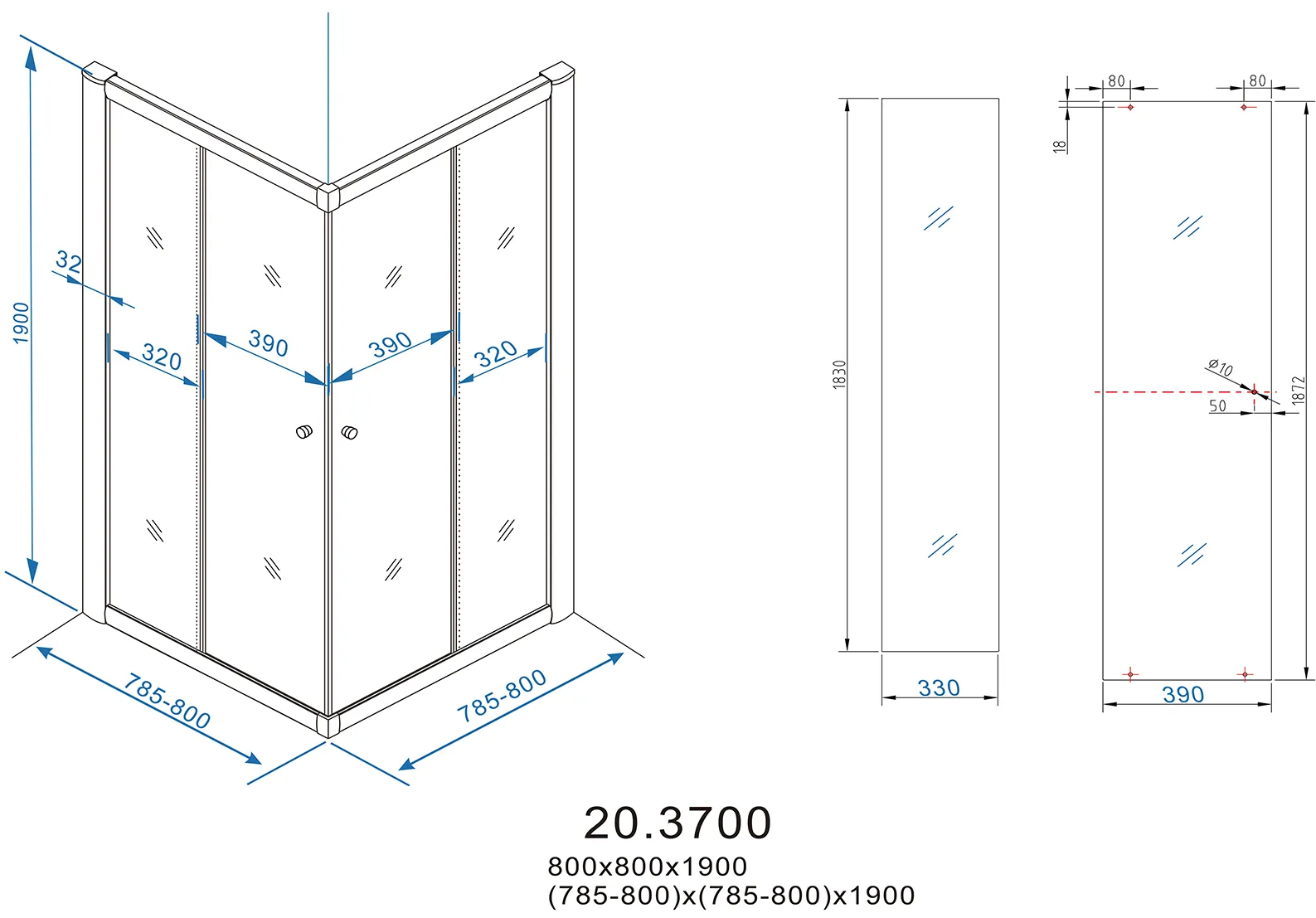 Wiesbaden Eco hoekinstap cabine met 2 schuifdeuren 800 x 800 x 1900 x 5 mm nano - Afbeelding 5