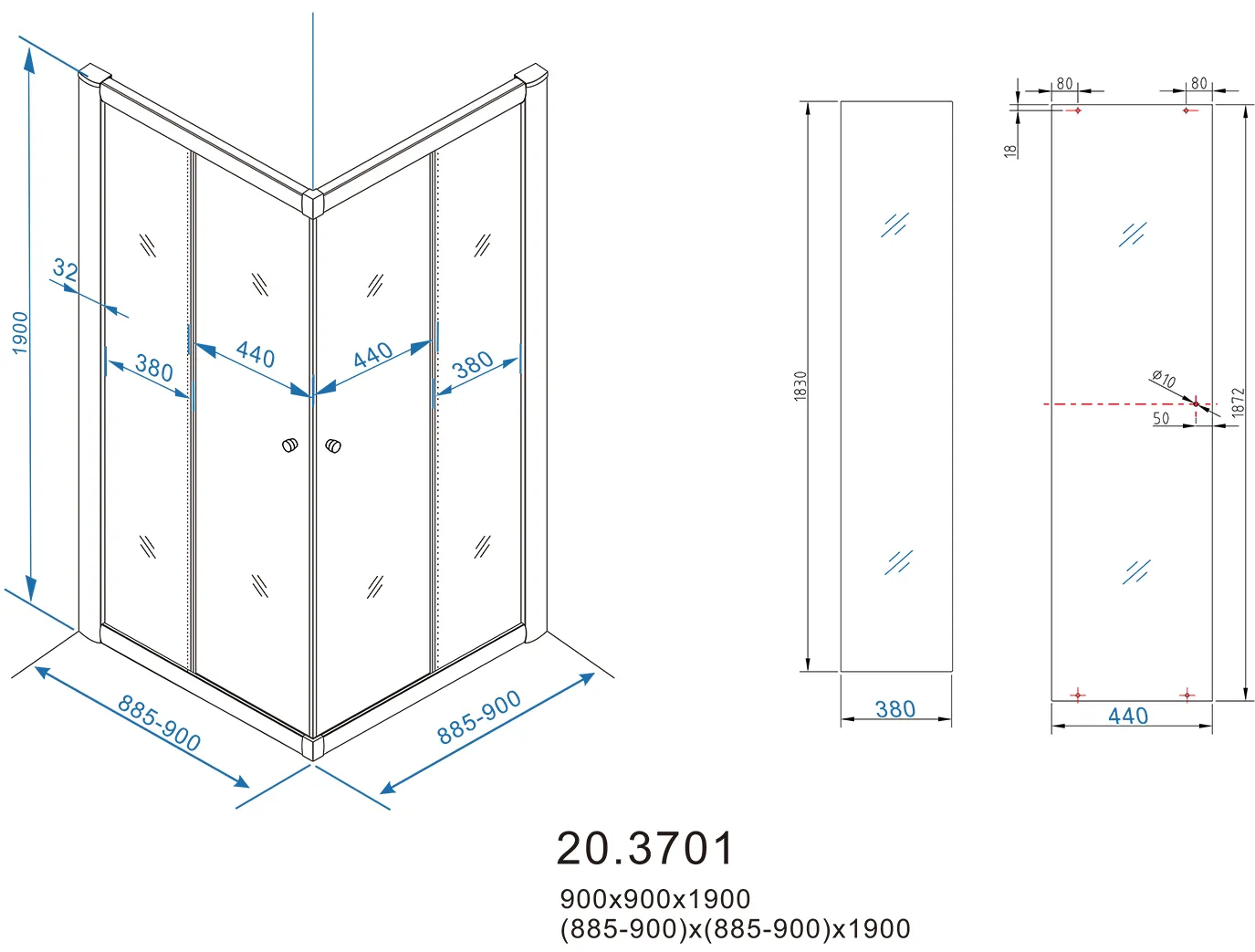 Wiesbaden Eco hoekinstap cabine met 2 schuifdeuren 900 x 900 x 1900 x 5 mm nano - Afbeelding 5