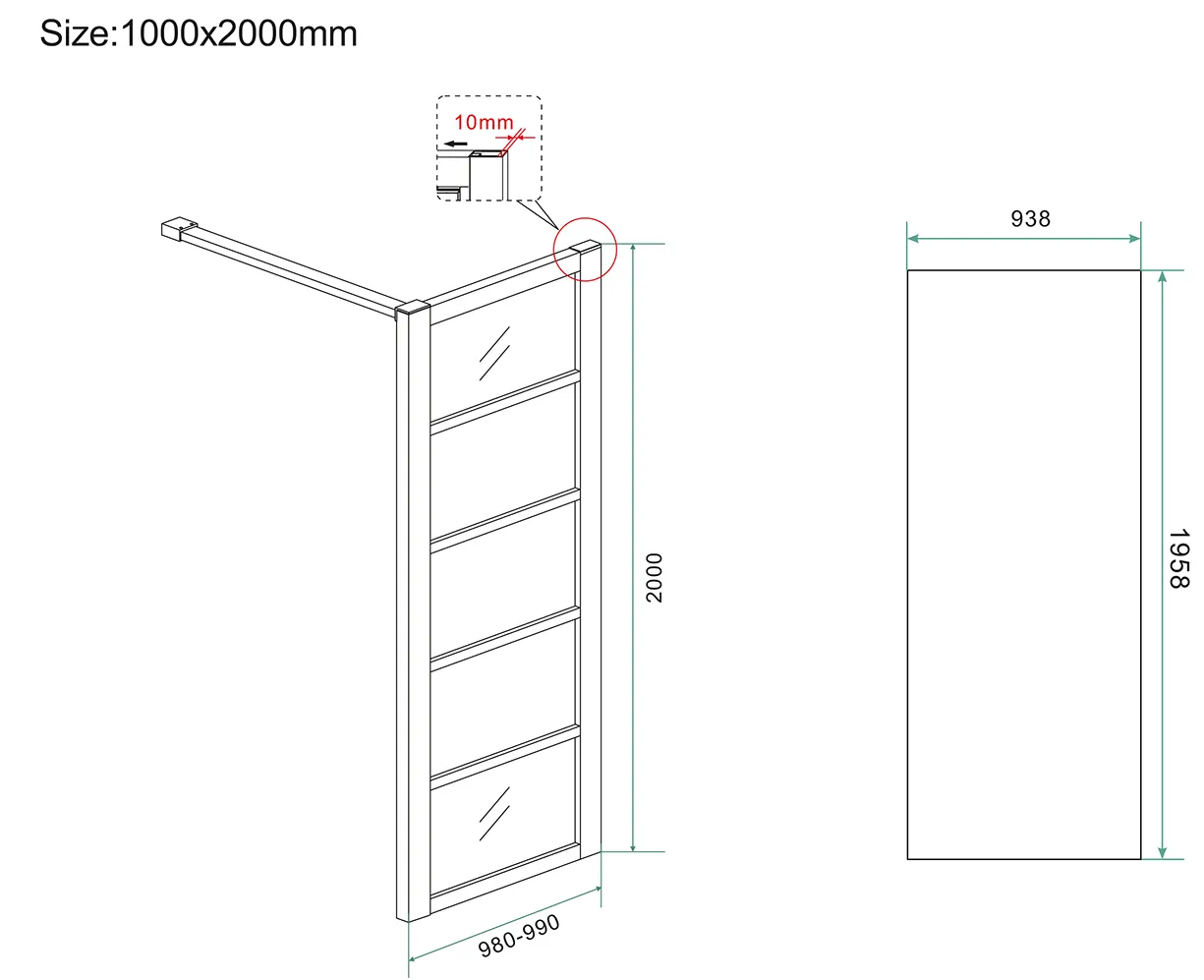 Wiesbaden Horizon inloopdouche met raster 1000 x 2000 x 8 mm nano helder glas/ma - Afbeelding 3