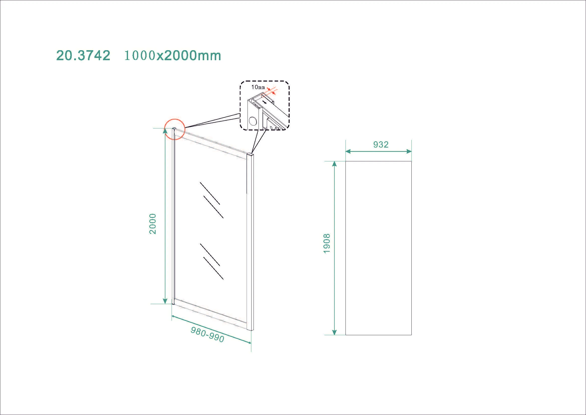 Wiesbaden Skyline zijwand voor nis schuifdeur 1000 x 2000 x 8 mm nano helder gla - Afbeelding 3