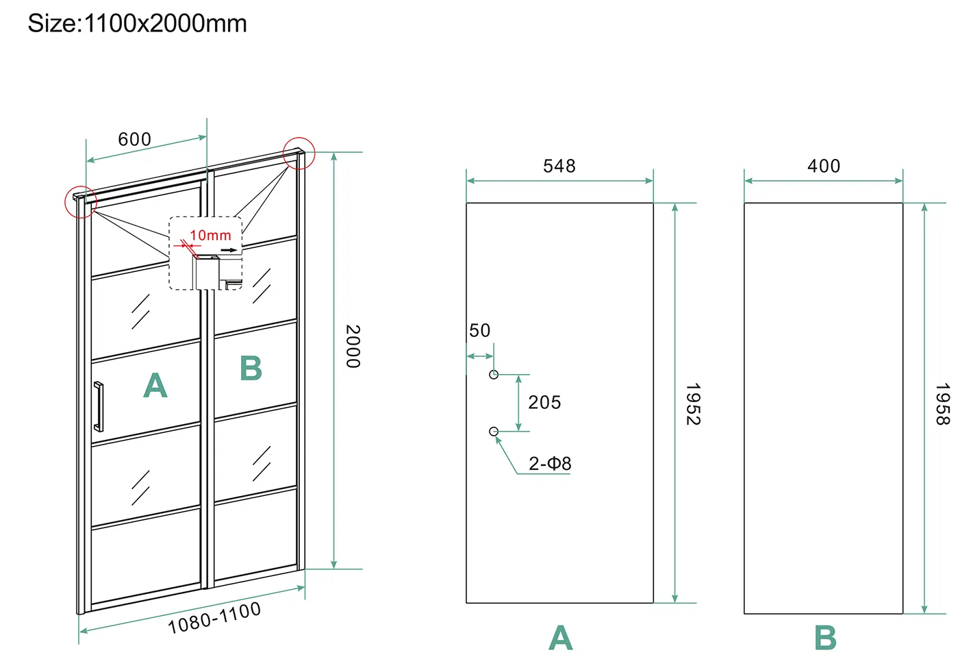 Wiesbaden Horizon nisdeur met vast deel en raster 1100 x 2000 x 8mm nano helder - Afbeelding 3