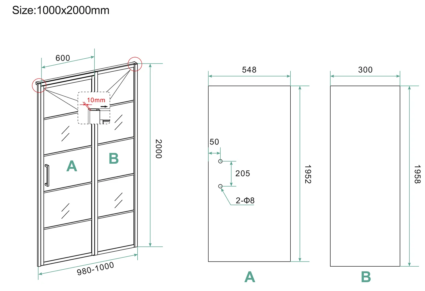 Wiesbaden Horizon nisdeur met vast deel en raster 1000 x 2000 x 8mm nano helder - Afbeelding 3