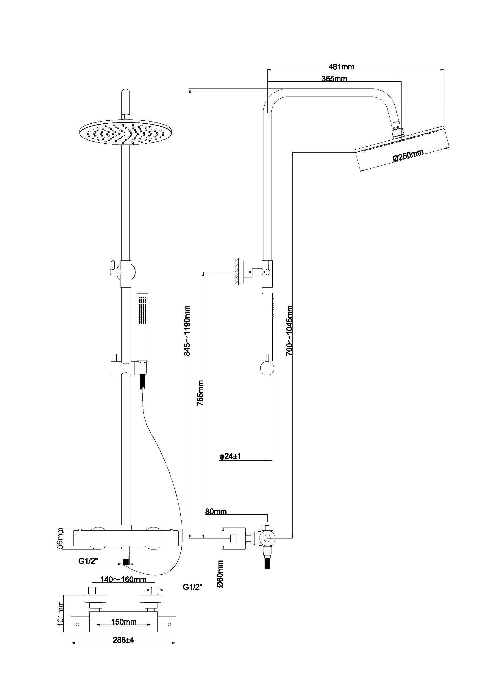 Wiesbaden Caral thermostatische regendoucheset opbouw mat zwart - Afbeelding 2