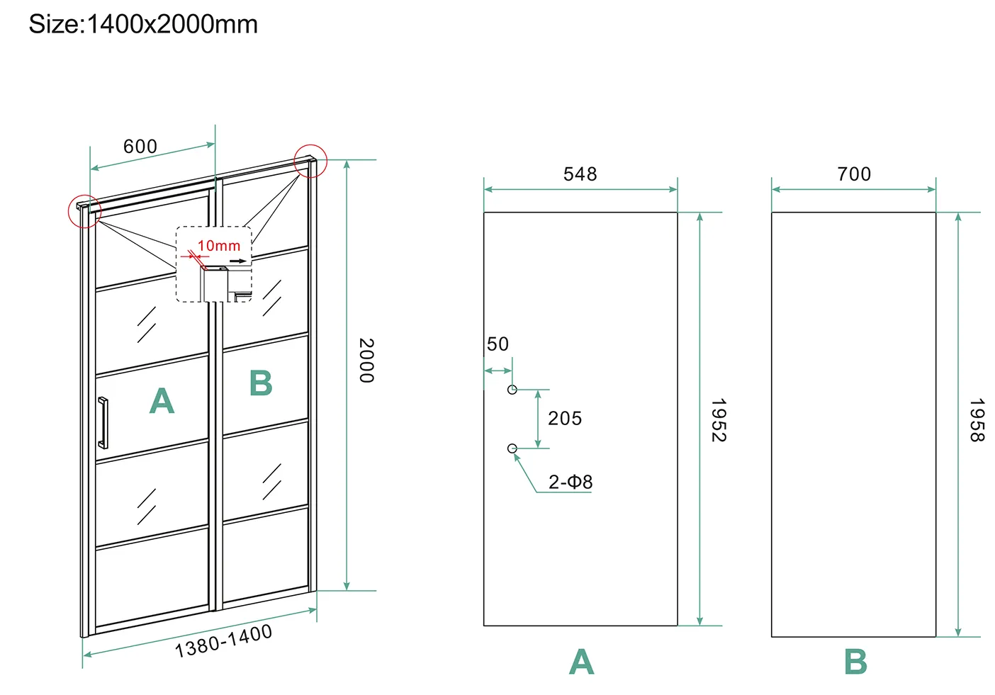 Wiesbaden Horizon nisdeur met vast deel en raster 1400 x 2000 x 8mm nano helder - Afbeelding 3