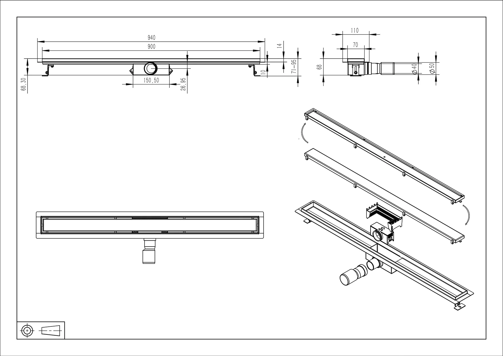 Wiesbaden Douchegoot met flens en tegelrooster 90 x 7 cm RVS - Afbeelding 2