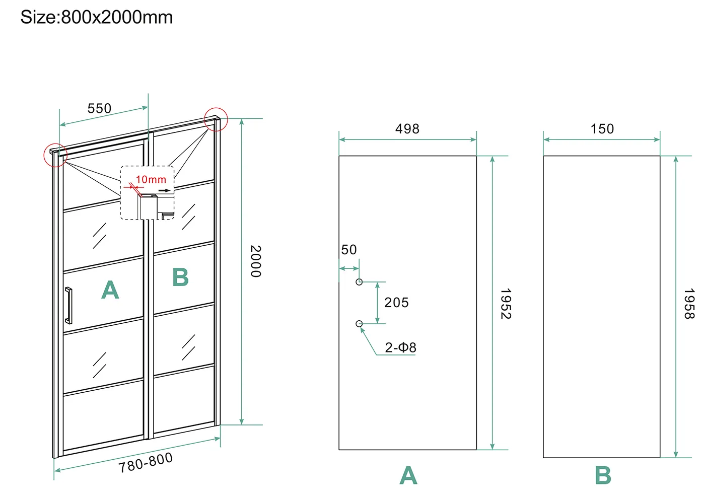Wiesbaden Horizon nisdeur met vast deel en raster 800 x 2000 x 8mm nano helder g - Afbeelding 3