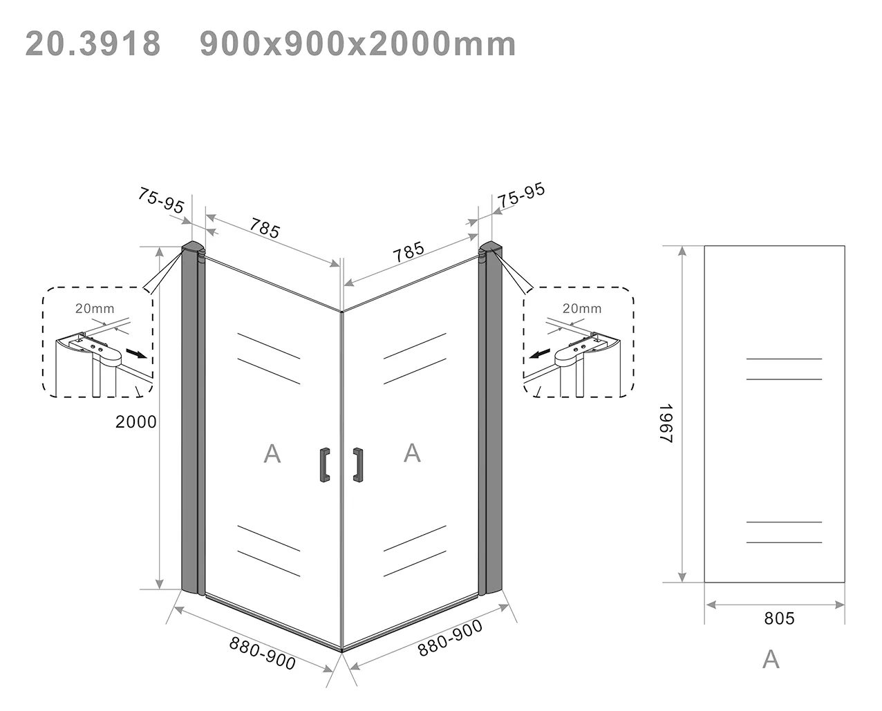Wiesbaden Salone cabine met 2 draaideuren 900 x 900 x 2000 x 8 mm nano helder gl - Afbeelding 4