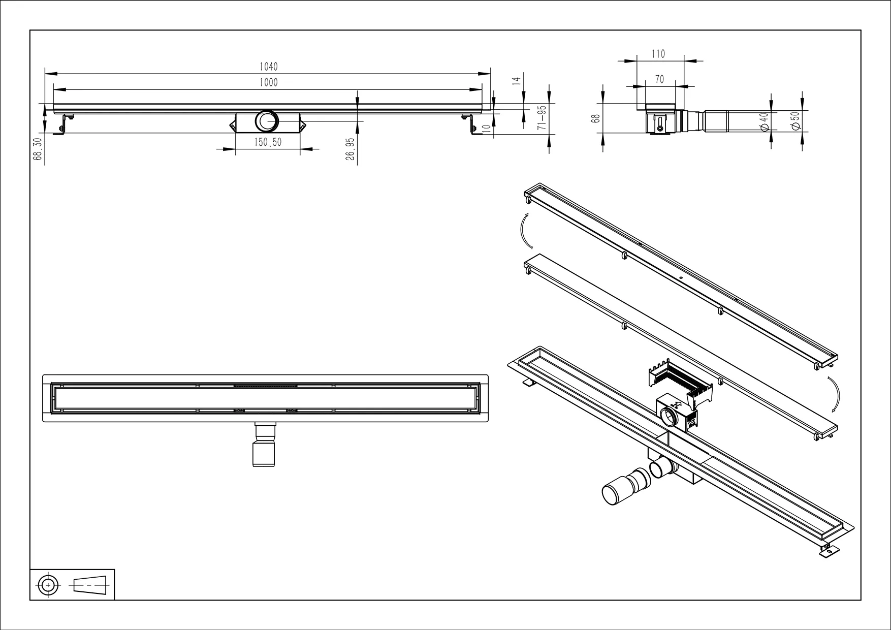Wiesbaden Douchegoot met flens en tegelrooster 100 x 7 cm RVS - Afbeelding 2