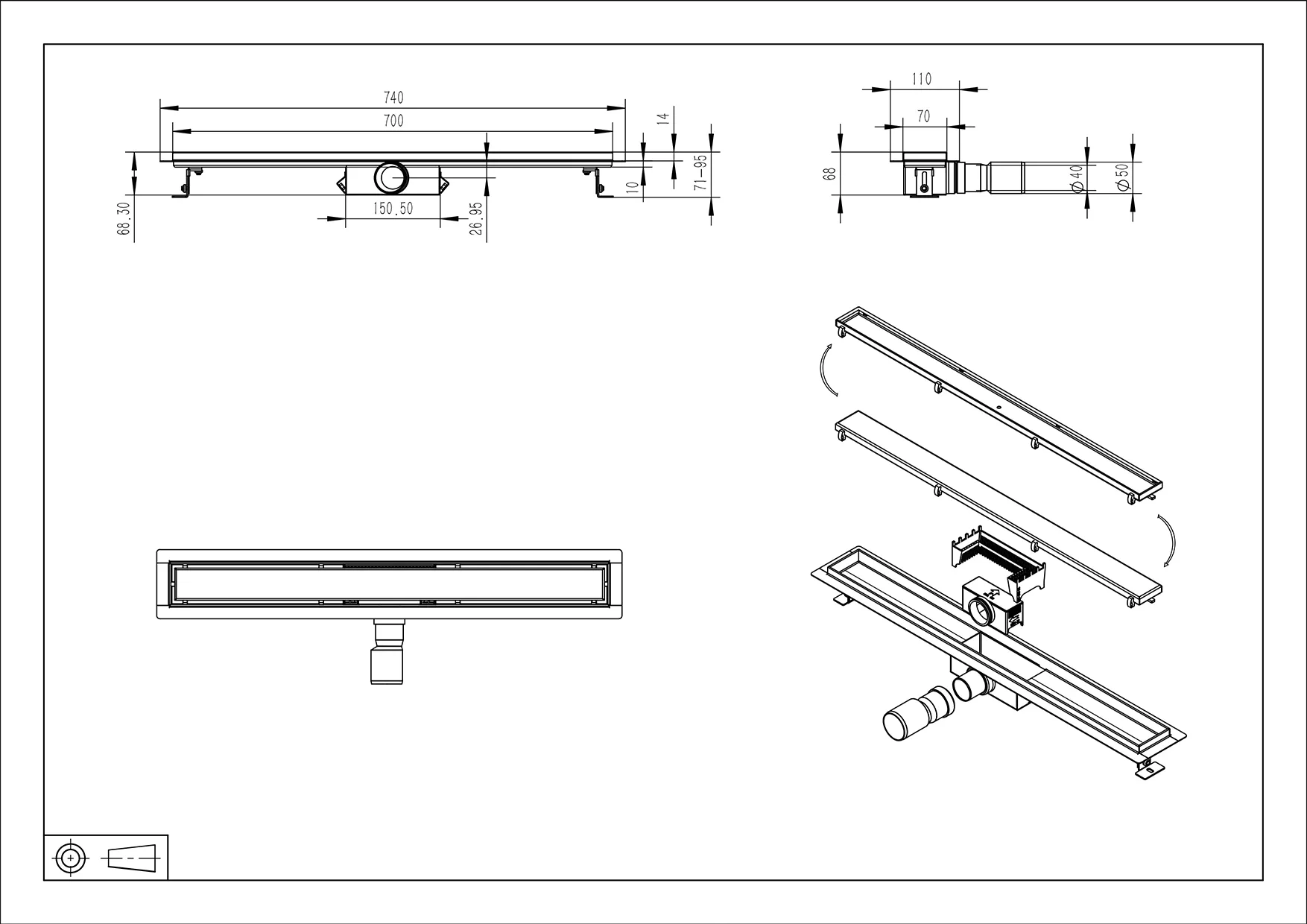 Wiesbaden Douchegoot met flens en tegelrooster 70 x 7 cm RVS - Afbeelding 2